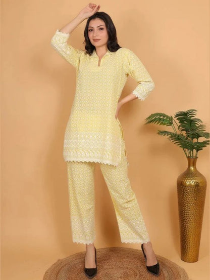 Yellow Ethnic Chikan Embroidery Cotton Coord Set