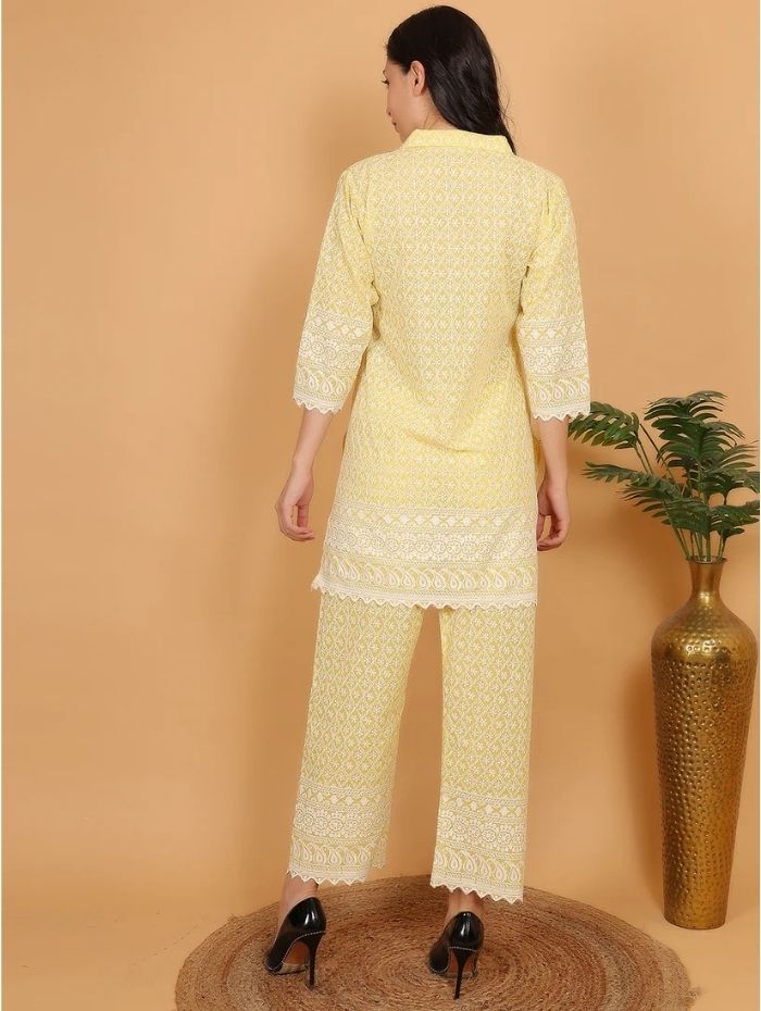 Yellow Ethnic Chikan Embroidery Cotton Coord Set