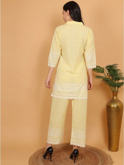 Yellow Ethnic Chikan Embroidery Cotton Coord Set