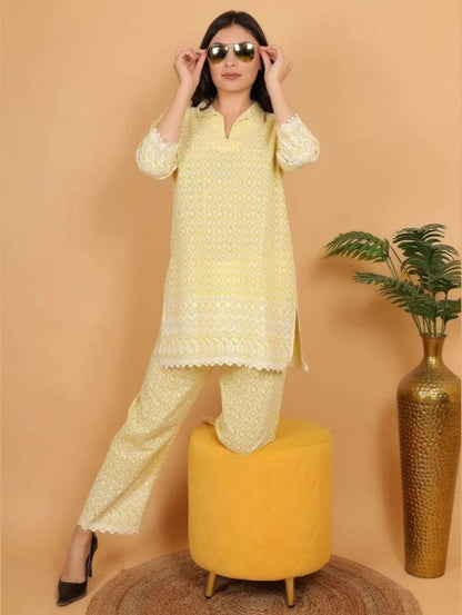 Yellow Ethnic Chikan Embroidery Cotton Coord Set