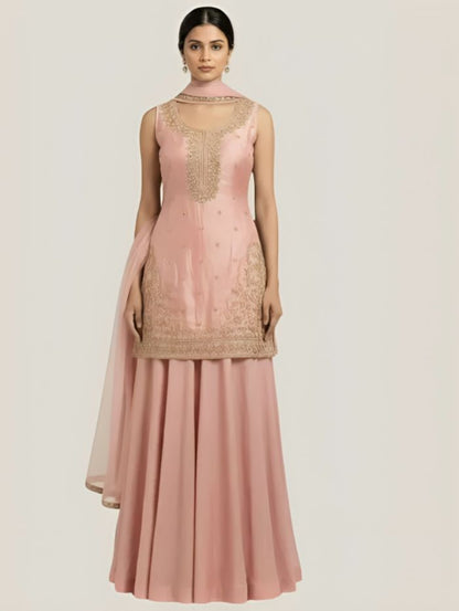 Women Elegant Onion Pink Art Silk Blend Lehenga Set with Intricate Handwork