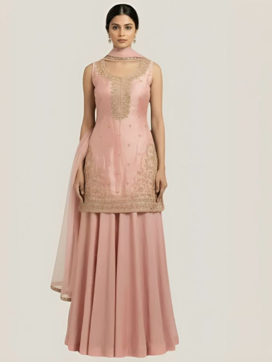 Women Elegant Onion Pink Art Silk Blend Lehenga Set with Intricate Handwork