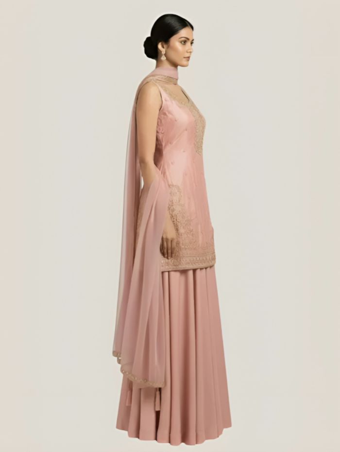 Women Elegant Onion Pink Art Silk Blend Lehenga Set with Intricate Handwork