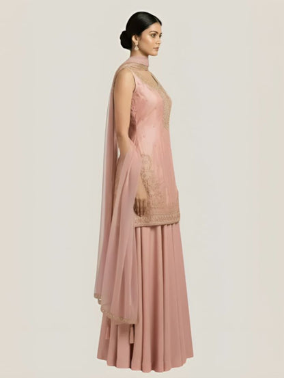 Women Elegant Onion Pink Art Silk Blend Lehenga Set with Intricate Handwork