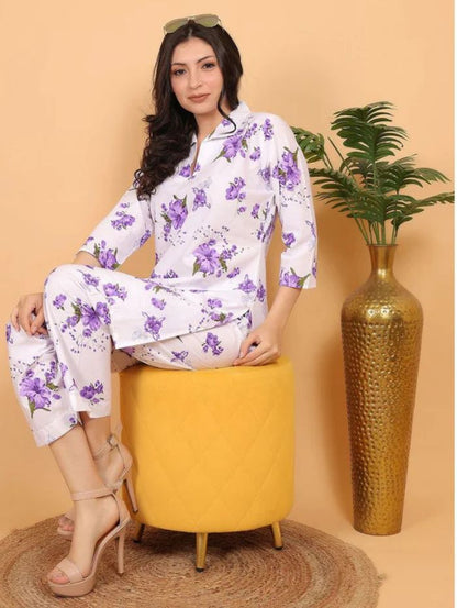 Women Purple Floral Printed Cotton Coord Set with 3/4 Sleeves