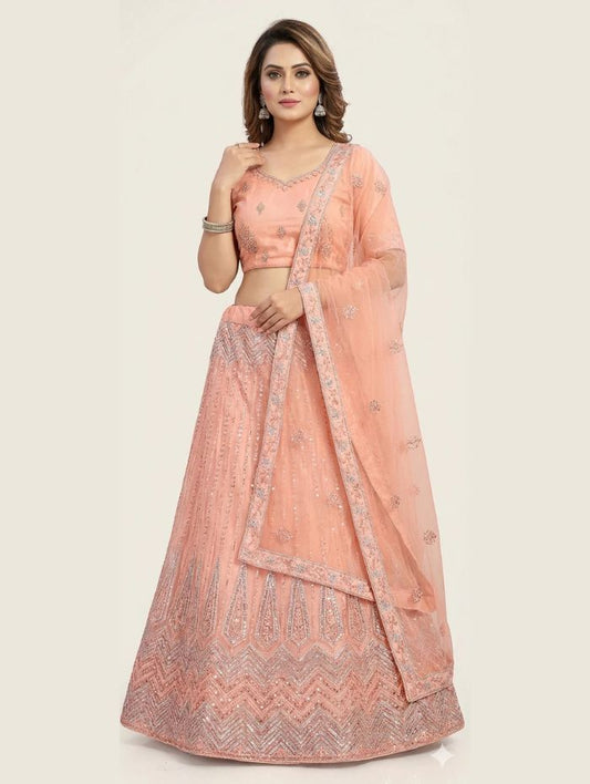 Charming Peach Net Party Wear Lehenga Choli (Unstitched)