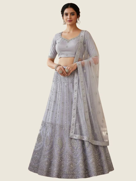 Chic Steel Grey Net Party Wear Lehenga Choli (Unstitched)