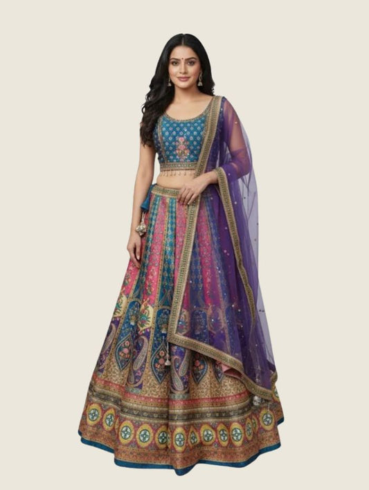 Striking Purple & Golden Art Silk Lehenga Crop Top Set