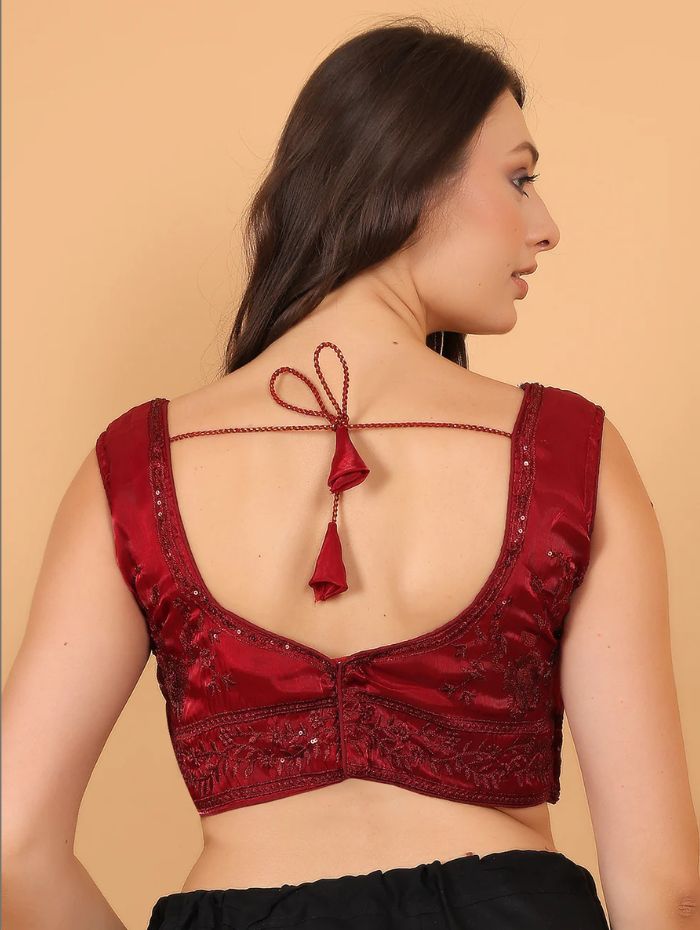 Women Maroon V-Neck Sleeveless Embroidered Silk Blouse