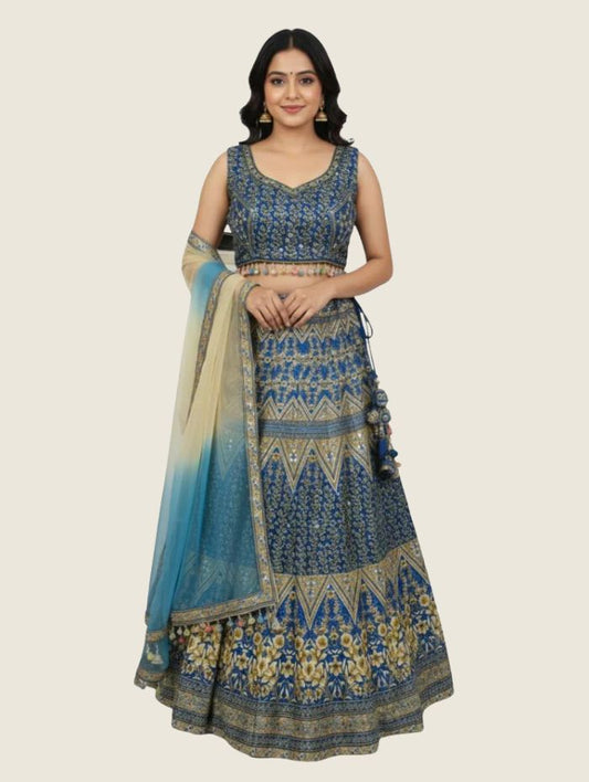 Striking Blue & Golden Art Silk Lehenga Crop Top Set