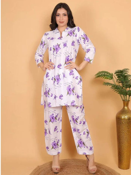 Women Purple Floral Printed Cotton Coord Set with 3/4 Sleeves