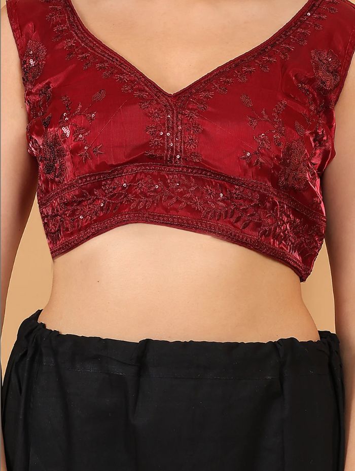 Women Maroon V-Neck Sleeveless Embroidered Silk Blouse