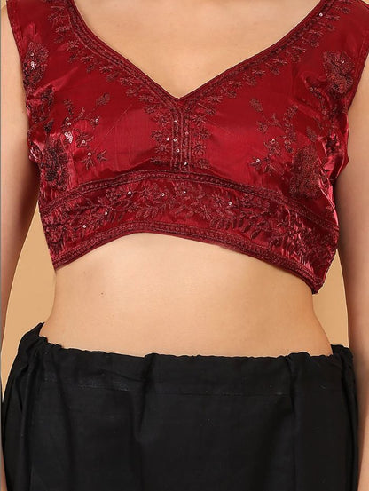 Women Maroon V-Neck Sleeveless Embroidered Silk Blouse