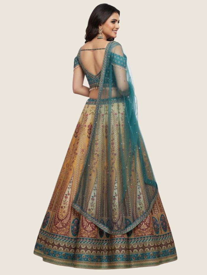 💎 Striking Firozy & Golden Art Silk Lehenga Crop Top Set