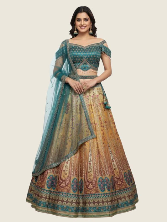 💎 Striking Firozy & Golden Art Silk Lehenga Crop Top Set