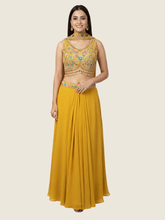 Women Contemporary Mustard Yellow Georgette Skirt Set with Threadwork Blouse