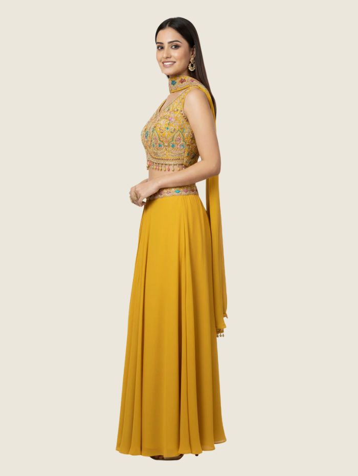 Women Contemporary Mustard Yellow Georgette Skirt Set with Threadwork Blouse
