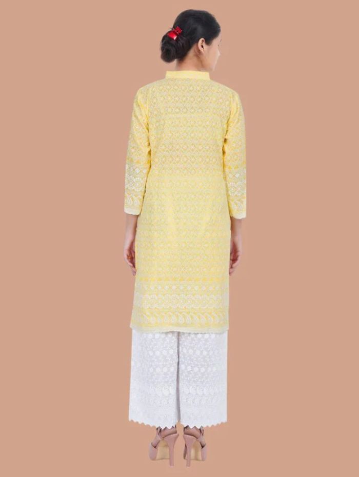 Women Yellow Chicken Embroidered Straight Kurta