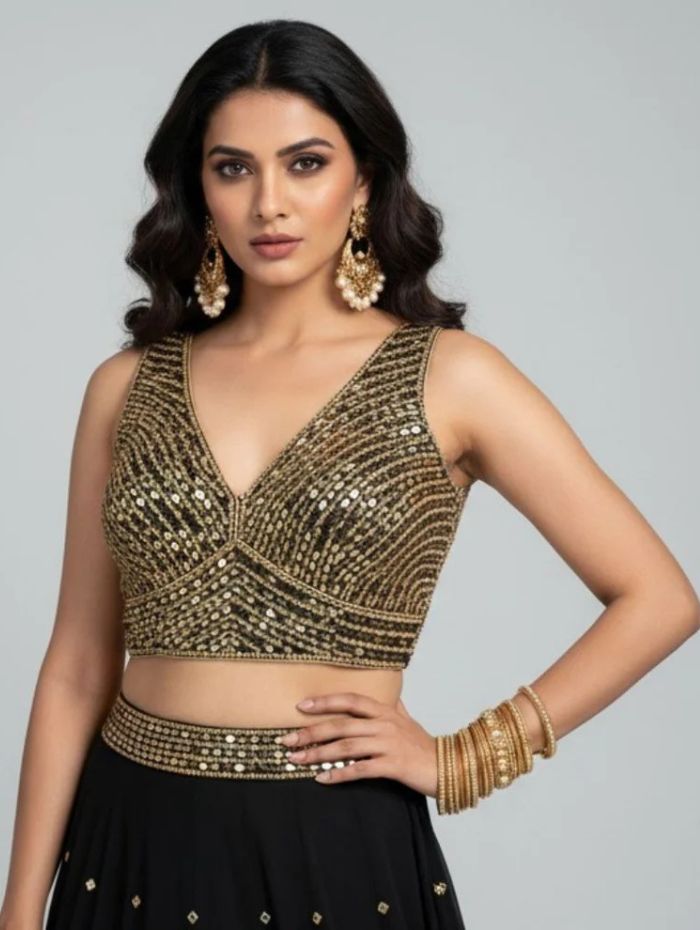 Black and Gold Sequin V-Neck Sleeveless Designer Blouse Black