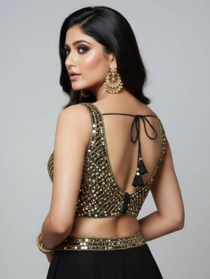 Black and Gold Sequin V-Neck Sleeveless Designer Blouse