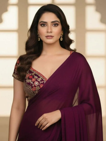 Wine Red Embroidered Sequin Blouse with Sweetheart Neckline