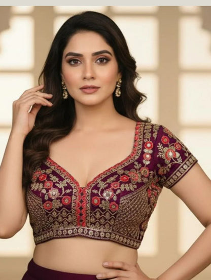 Wine Red Embroidered Sequin Blouse with Sweetheart Neckline