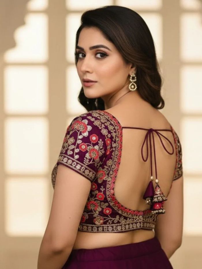 Wine Red Embroidered Sequin Blouse with Sweetheart Neckline