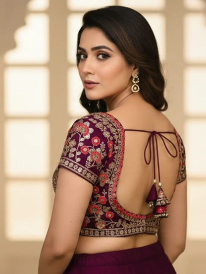 Wine Red Embroidered Sequin Blouse with Sweetheart Neckline-us-ca