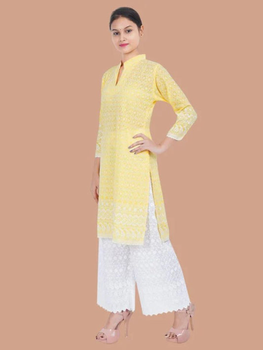 Women Yellow Chicken Embroidered Straight Kurta