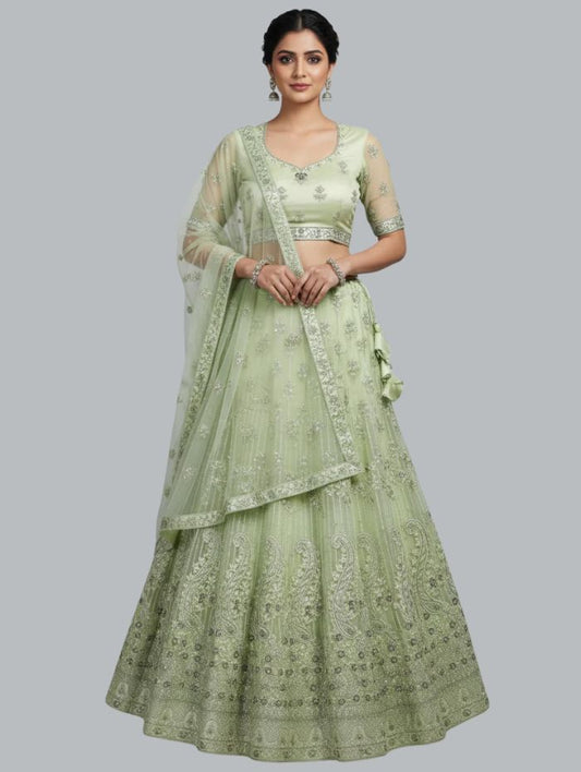 Unstitched Parrot Green Net Partywear Lehenga Choli Set (Unstitched)