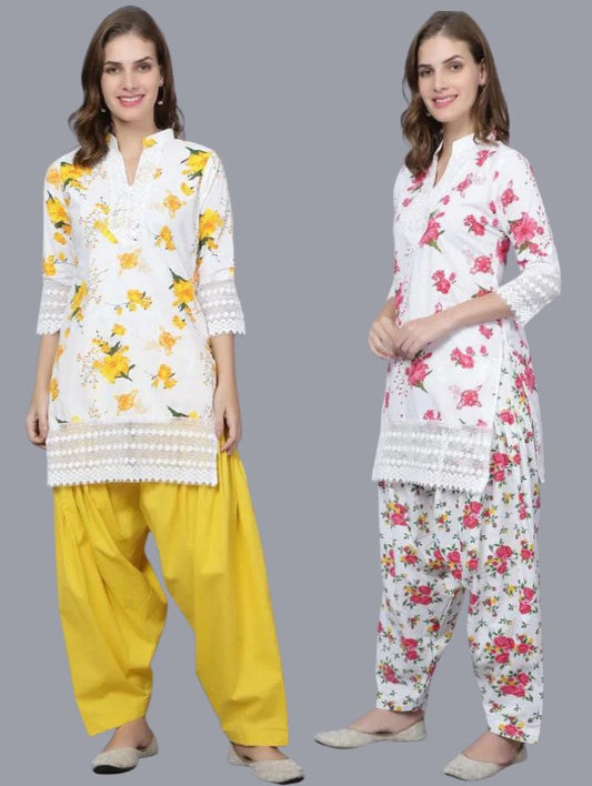 Pack of 2 Women Floral Print Cotton Blend Straight Kurta  (Yellow, Red)