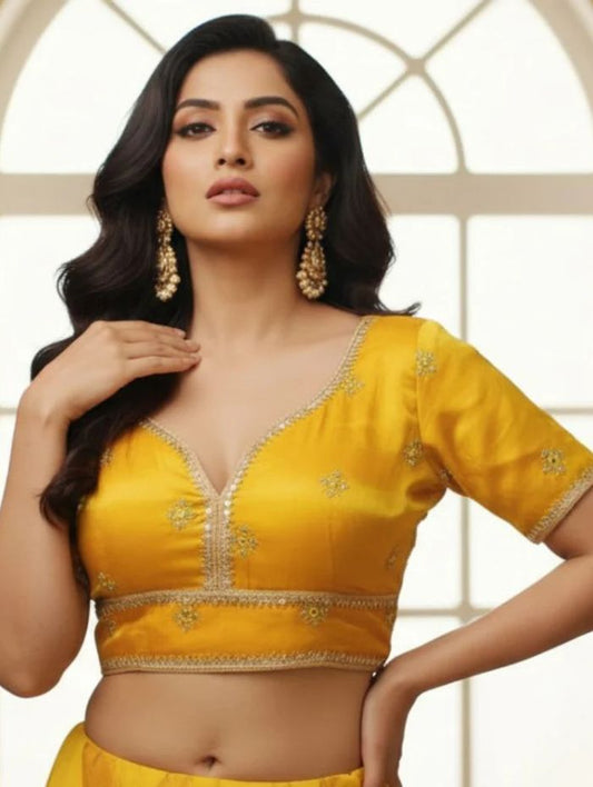 Vibrant Mustard Yellow V-Neck Blouse with Zari Border