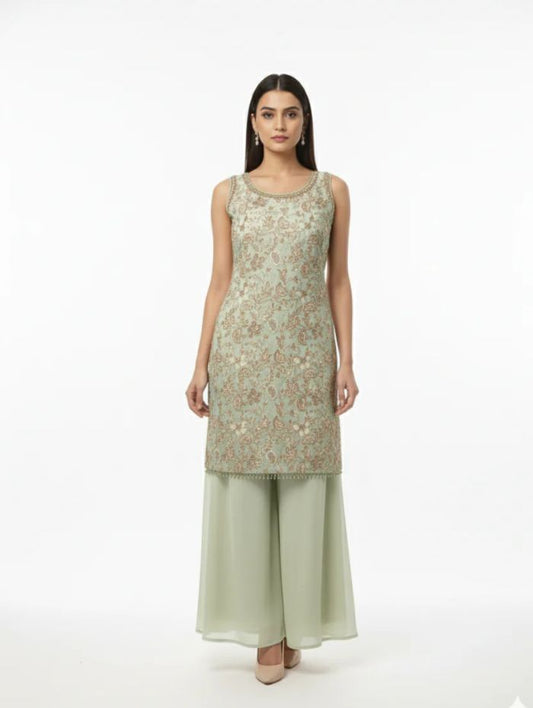 Pista Green Georgette Kurta Palazzo Set-FREE SIZE