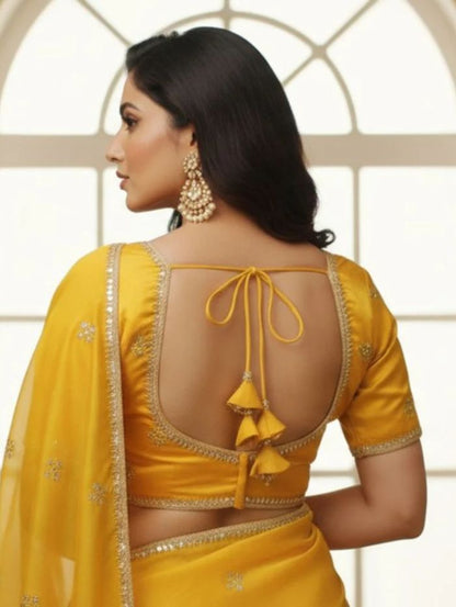 Vibrant Mustard Yellow V-Neck Blouse with Zari Border