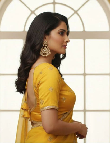 Vibrant Mustard Yellow V-Neck Blouse with Zari Border
