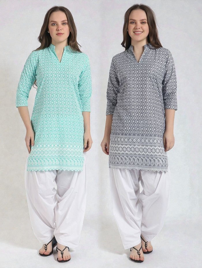 Women’s Cotton Chikankari Kurti Combo - Pack of 2 (Aqua & Grey) Cotton Geometric