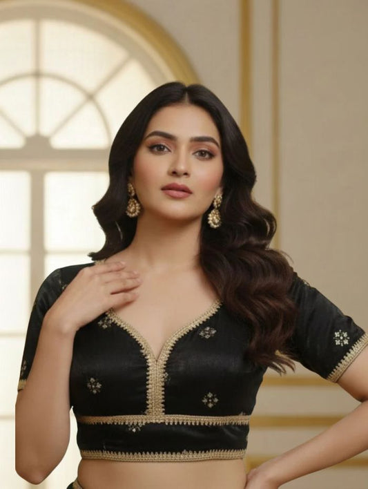 Classic Black Silk-Finish Blouse with Gold Zari Embroidery