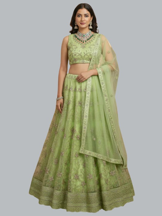 Fresh Parrot Green Net Party Wear Lehenga Choli (Unstitched)
