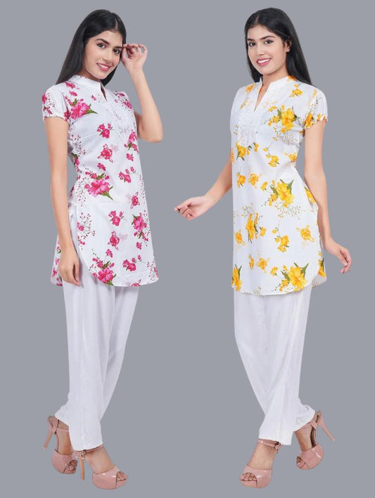 Women Yellow Red Printed Straight Kurta Pack Of 2