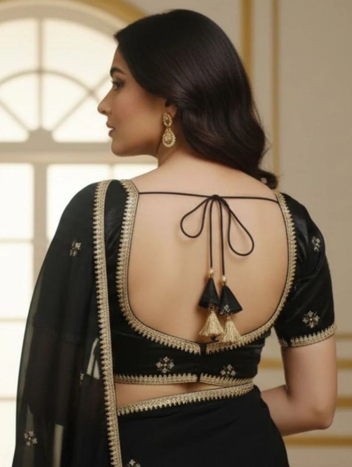 Classic Black Silk-Finish Blouse with Gold Zari Embroidery