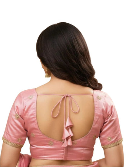 Elegant Pink V-Neck Blouse with Gold Zari Embroidery