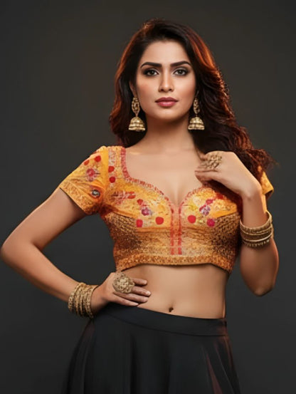 Orange Floral Embroidered Sequin Blouse with Sweetheart Neckline-us-ca