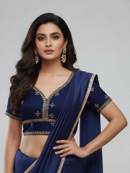 Elegant Navy Blue V-Neck Blouse with Gold Zari Embroidery
