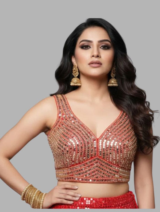 Designer Red Mirror Work Blouse for Women