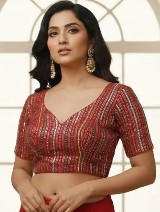 Elegant Red Sequin Striped V-Neck Blouse