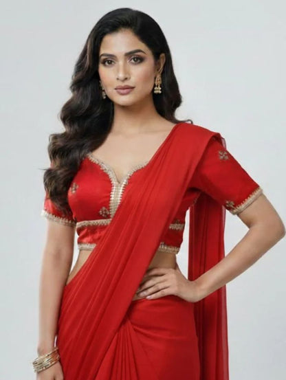 Striking Red Silk Finish V-Neck Blouse with Gold Zari Work
