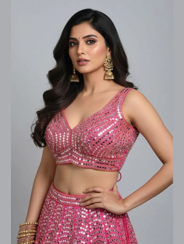 Designer Pink Mirror Work Blouse for Women