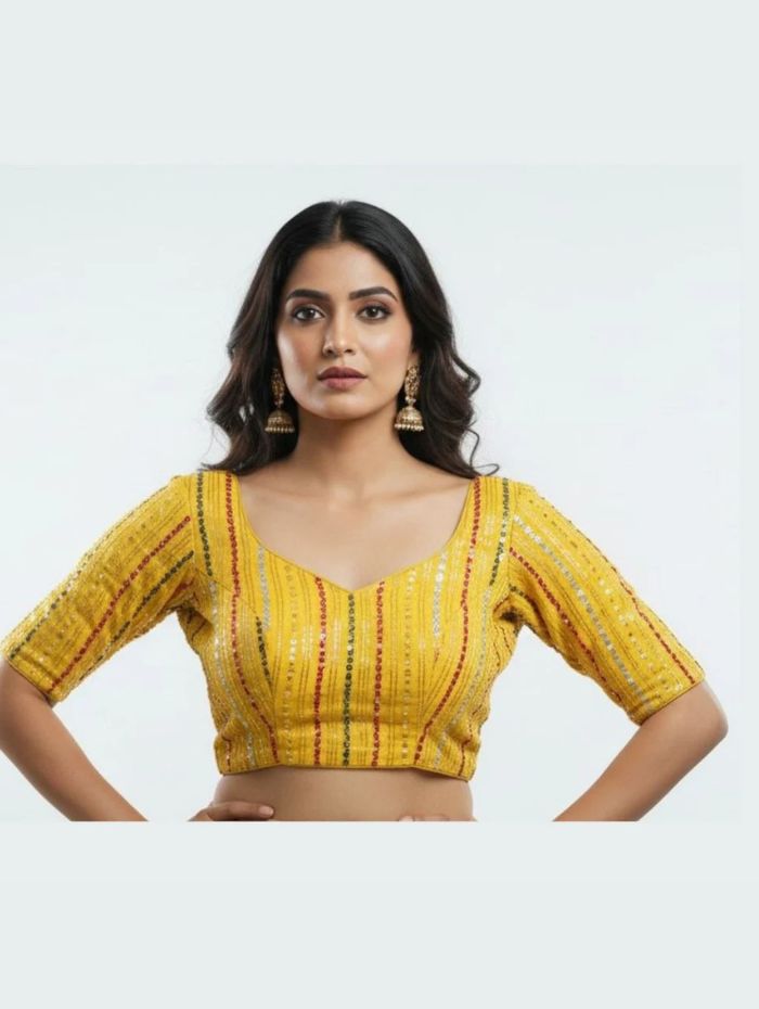 Trendzmy Mustard Yellow Sequin Striped V-Neck Blouse