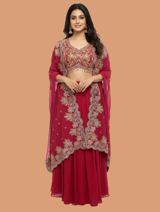 Dazzling Rani Pink Georgette Palazzo Set with Shrug