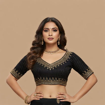 Devika Premium Black V-Neck Blouse with Gold Sequin Stripes